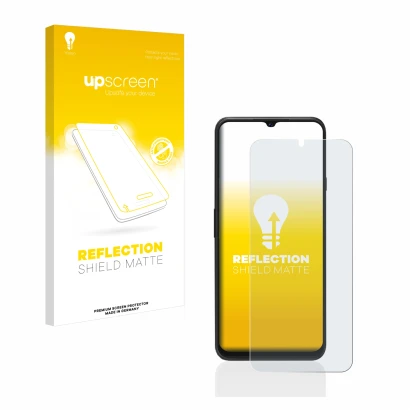 Parte frontal de un envase de producto con el logotipo de la marca upscreen. Al lado se muestra el dispositivo Cubot P80 con s