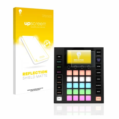 Parte frontal de un envase de producto con el logotipo de la marca upscreen. Al lado se muestra el dispositivo Wolfmix W1 con