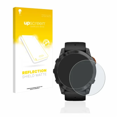 Parte frontal de un envase de producto con el logotipo de la marca upscreen. Al lado se muestra el dispositivo Garmin Fenix 7X
