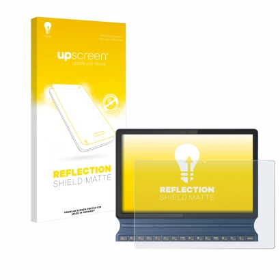 Parte frontal de un envase de producto con el logotipo de la marca upscreen. Al lado se muestra el dispositivo Lenovo IdeaPad 