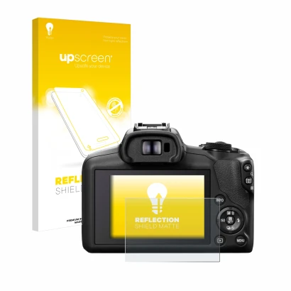 Parte frontal de un envase de producto con el logotipo de la marca upscreen. Al lado se muestra el dispositivo Canon EOS R100