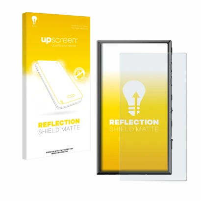 Parte frontal de un envase de producto con el logotipo de la marca upscreen. Al lado se muestra el dispositivo Sony Walkman NW