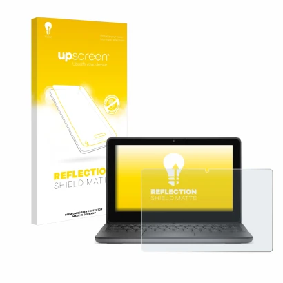 Parte frontal de un envase de producto con el logotipo de la marca upscreen. Al lado se muestra el dispositivo Dell Latitude 3