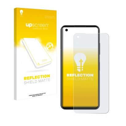 Parte frontal de un envase de producto con el logotipo de la marca upscreen. Al lado se muestra el dispositivo ASUS ZenFone 10