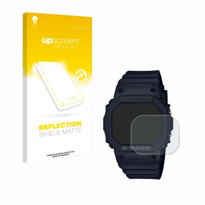 Parte frontal de un envase de producto con el logotipo de la marca upscreen. Al lado se muestra el dispositivo Casio G-Shock G