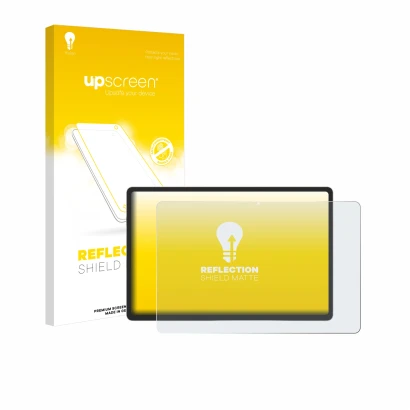 Parte frontal de un envase de producto con el logotipo de la marca upscreen. Al lado se muestra el dispositivo Samsung Galaxy
