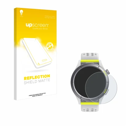 Parte frontal de un envase de producto con el logotipo de la marca upscreen. Al lado se muestra el dispositivo Huami Amazfit C