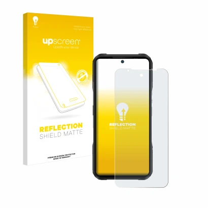 Parte frontal de un envase de producto con el logotipo de la marca upscreen. Al lado se muestra el dispositivo Doogee V20 Pro 