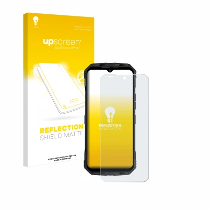 Parte frontal de un envase de producto con el logotipo de la marca upscreen. Al lado se muestra el dispositivo Doogee V30T con