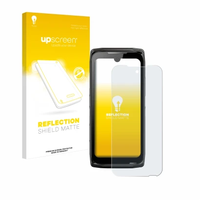 Parte frontal de un envase de producto con el logotipo de la marca upscreen. Al lado se muestra el dispositivo Crosscall Core-