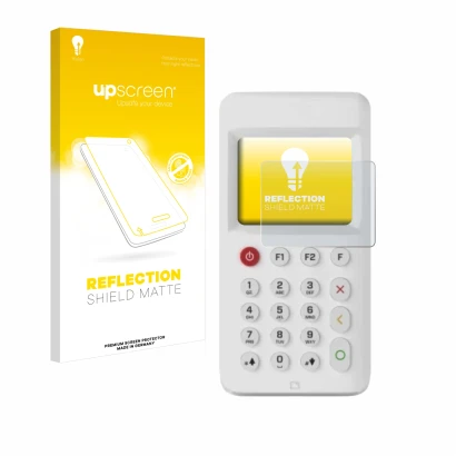 Parte frontal de un envase de producto con el logotipo de la marca upscreen. Al lado se muestra el dispositivo myPOS Go 2 con