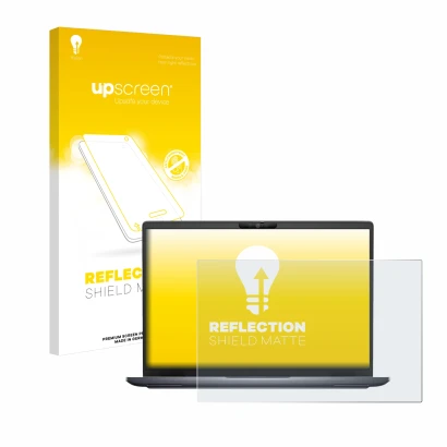 Parte frontal de un envase de producto con el logotipo de la marca upscreen. Al lado se muestra el dispositivo Dell Latitude 7