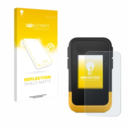 Parte frontal de un envase de producto con el logotipo de la marca upscreen. Al lado se muestra el dispositivo Garmin eTrex SE