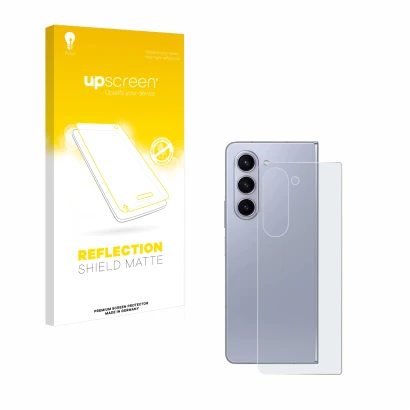 Parte frontal de un envase de producto con el logotipo de la marca upscreen. Al lado se muestra el dispositivo Samsung Galaxy 