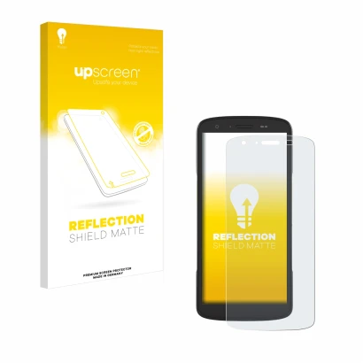 Parte frontal de un envase de producto con el logotipo de la marca upscreen. Al lado se muestra el dispositivo Zebra TC27 con