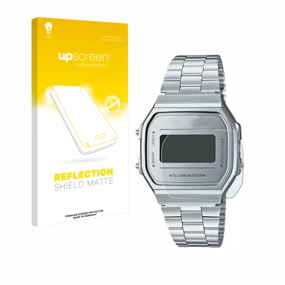 Parte frontal de un envase de producto con el logotipo de la marca upscreen. Al lado se muestra el dispositivo Casio A168WEM-7
