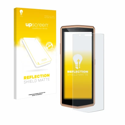 Parte frontal de un envase de producto con el logotipo de la marca upscreen. Al lado se muestra el dispositivo Cubot Pocket 3