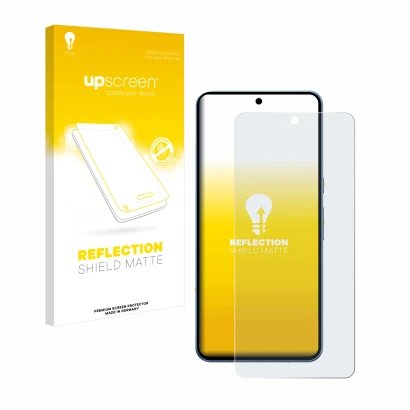 Parte frontal de un envase de producto con el logotipo de la marca upscreen. Al lado se muestra el dispositivo Google Pixel 8 