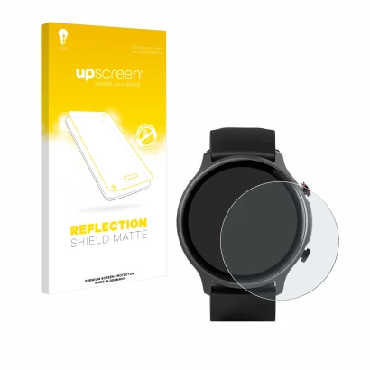 Parte frontal de un envase de producto con el logotipo de la marca upscreen. Al lado se muestra el dispositivo Hama Fit Watch