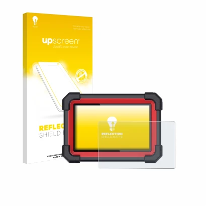 Parte frontal de un envase de producto con el logotipo de la marca upscreen. Al lado se muestra el dispositivo Launch X-431 CR