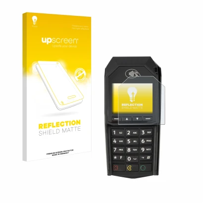 Parte frontal de un envase de producto con el logotipo de la marca upscreen. Al lado se muestra el dispositivo ingenico Lane/3