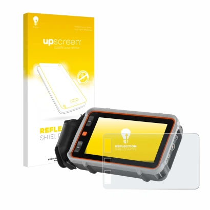 Parte frontal de un envase de producto con el logotipo de la marca upscreen. Al lado se muestra el dispositivo Waygate Technol