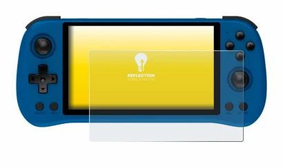 Imagen del dispositivo Powkiddy X55 con una amplia variedad de protectores de pantalla.