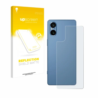 Parte frontal de un envase de producto con el logotipo de la marca upscreen. Al lado se muestra el dispositivo Sony Xperia 5 V