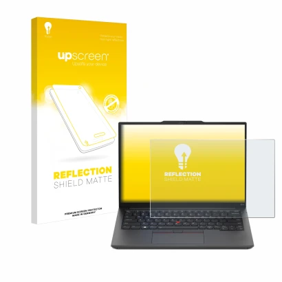 Parte frontal de un envase de producto con el logotipo de la marca upscreen. Al lado se muestra el dispositivo Lenovo ThinkPad