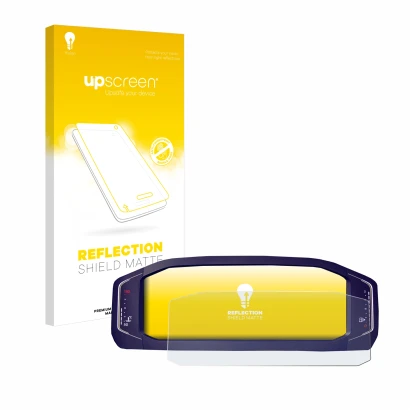 Parte frontal de un envase de producto con el logotipo de la marca upscreen. Al lado se muestra el dispositivo Volkswagen Pass