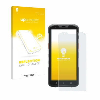 Parte frontal de un envase de producto con el logotipo de la marca upscreen. Al lado se muestra el dispositivo Sunmi L2s con s