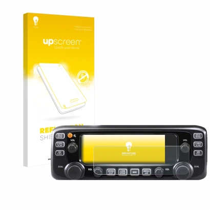 Parte frontal de un envase de producto con el logotipo de la marca upscreen. Al lado se muestra el dispositivo Icom IC-2730E c