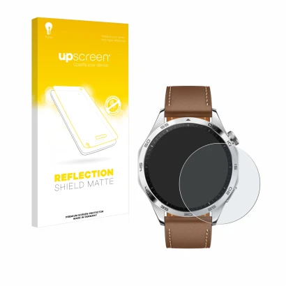 Parte frontal de un envase de producto con el logotipo de la marca upscreen. Al lado se muestra el dispositivo Huawei Watch GT