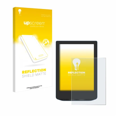 Parte frontal de un envase de producto con el logotipo de la marca upscreen. Al lado se muestra el dispositivo PocketBook Vers