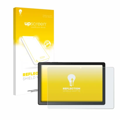 Parte frontal de un envase de producto con el logotipo de la marca upscreen. Al lado se muestra el dispositivo Telekom T Table