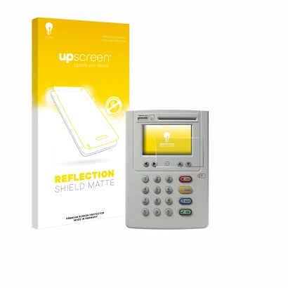 Parte frontal de un envase de producto con el logotipo de la marca upscreen. Al lado se muestra el dispositivo ingenico eHealt