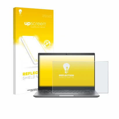 Parte frontal de un envase de producto con el logotipo de la marca upscreen. Al lado se muestra el dispositivo Dell Latitude 5