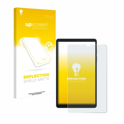 Parte frontal de un envase de producto con el logotipo de la marca upscreen. Al lado se muestra el dispositivo Blackview Tab 6