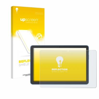 Parte frontal de un envase de producto con el logotipo de la marca upscreen. Al lado se muestra el dispositivo Amazon Fire HD