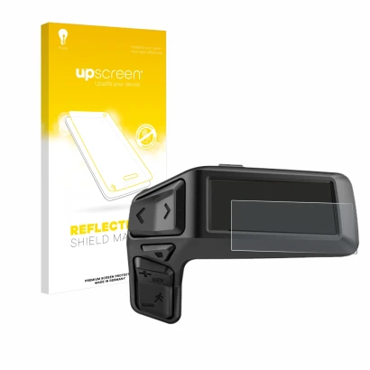 Parte frontal de un envase de producto con el logotipo de la marca upscreen. Al lado se muestra el dispositivo Bosch Purion 20