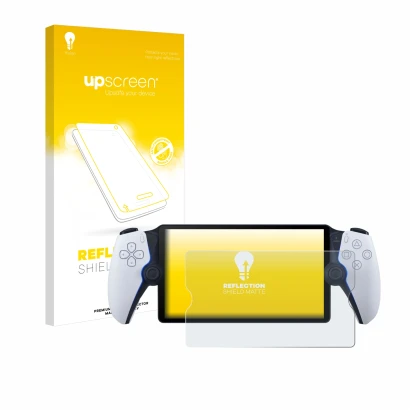 Parte frontal de un envase de producto con el logotipo de la marca upscreen. Al lado se muestra el dispositivo Sony Playstatio