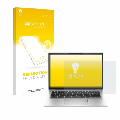 Parte frontal de un envase de producto con el logotipo de la marca upscreen. Al lado se muestra el dispositivo HP EliteBook 84