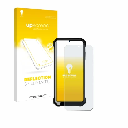 Parte frontal de un envase de producto con el logotipo de la marca upscreen. Al lado se muestra el dispositivo Oukitel WP23 co
