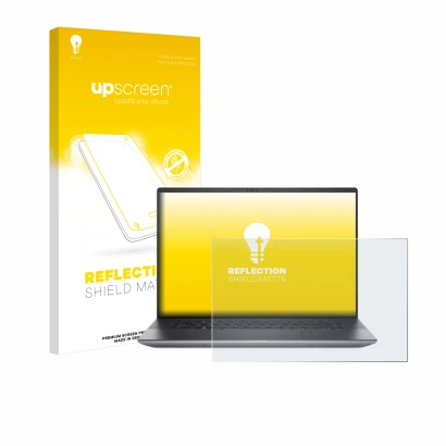 Parte frontal de un envase de producto con el logotipo de la marca upscreen. Al lado se muestra el dispositivo Dell Precision