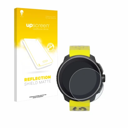 Parte frontal de un envase de producto con el logotipo de la marca upscreen. Al lado se muestra el dispositivo Suunto Race con