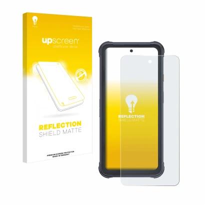 Parte frontal de un envase de producto con el logotipo de la marca upscreen. Al lado se muestra el dispositivo Cubot King Kong