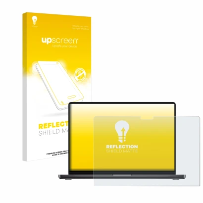 Parte frontal de un envase de producto con el logotipo de la marca upscreen. Al lado se muestra el dispositivo Apple MacBook P