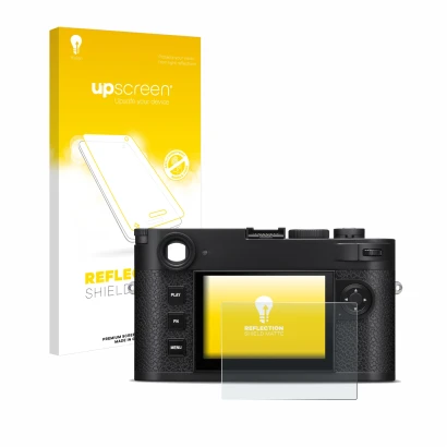 Parte frontal de un envase de producto con el logotipo de la marca upscreen. Al lado se muestra el dispositivo Leica M11-P con