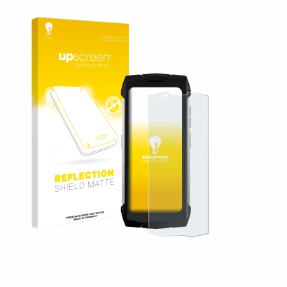 Parte frontal de un envase de producto con el logotipo de la marca upscreen. Al lado se muestra el dispositivo Doogee S Mini c