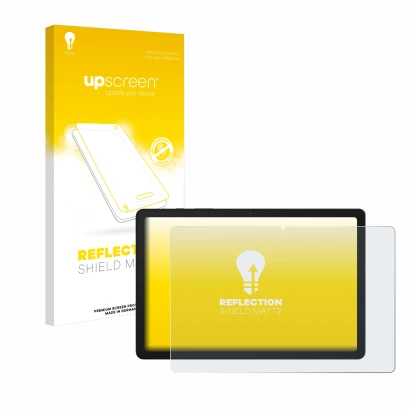 Parte frontal de un envase de producto con el logotipo de la marca upscreen. Al lado se muestra el dispositivo Samsung Galaxy 